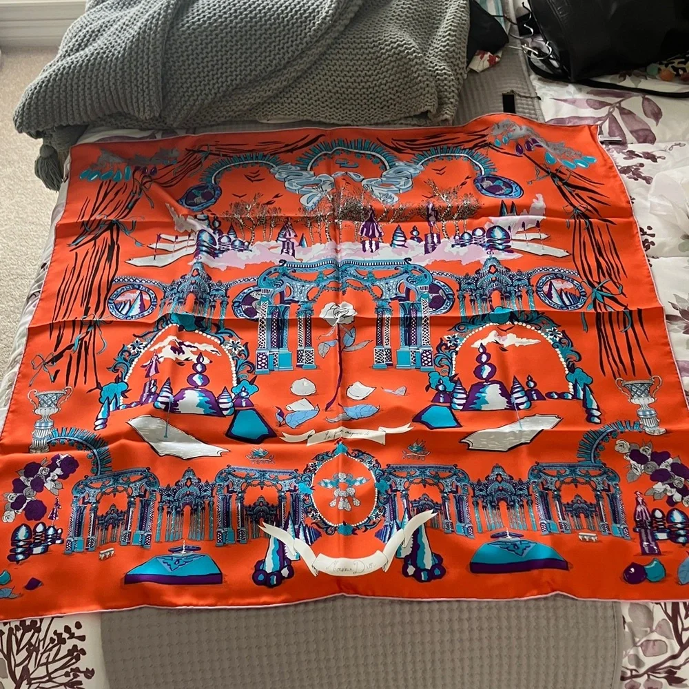 Dior Vibrant Orange Scarf with Blue and Purple Accents